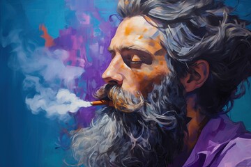 A man with a beard and a cigarette on a colourful background