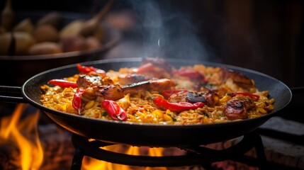 A close-up of a Chicken Paella being cooked on an open flame, with the flames adding a touch of drama to the culinary scene