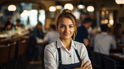 Fototapeta premium Portrait of a smiling waitress in a restaurant