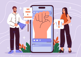Online protest concept. Man and woman near smartphone screen with fist of hands. Democracy and freedom of speech. Rally on internet. We need change. Cartoon flat vector illustration