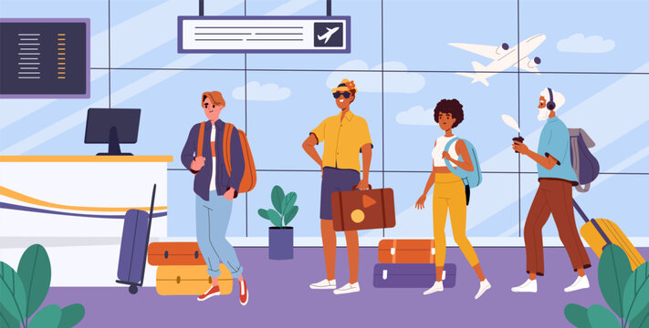 People at airport concept. Travelers and tourist waiting for airplane. Flight departure. Holiday and vacation. Men and women with baggage and luggage. Cartoon flat vector illustration