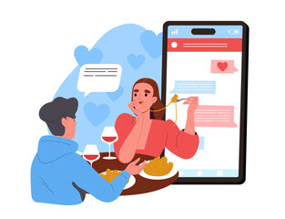 People on romantic date. Man and woman sitting in restaurant with tasty food at background of smartphone screen. Eomance and love. Young couple meeting. Cartoon flat vector illustration