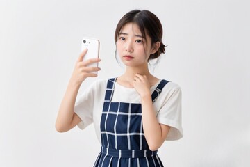 スマートフォンを操作しながら呆れている・苦笑い・困っている日本人美女
