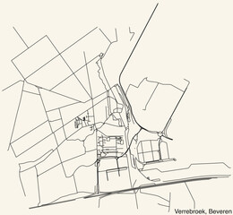 Detailed hand-drawn navigational urban street roads map of the VERREBROEK SECTION of the Belgian municipality of BEVEREN, Belgium with vivid road lines and name tag on solid background