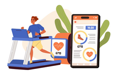 Phone sports application concept. Man runs at treadmill with smart watches. Counting herat rate and steps. Active lifestyle and training. Fitness and workout. Cartoon flat vector illustration