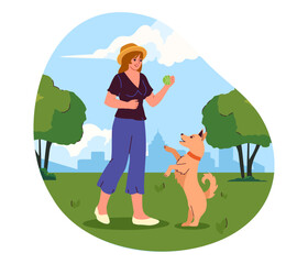 Obraz na płótnie Canvas Woman play with dog concept. Leisure activity with pet outdoor. Young girl with domestic animal at nature in city park. Owner with puppy play with green ball. Cartoon flat vector illustration
