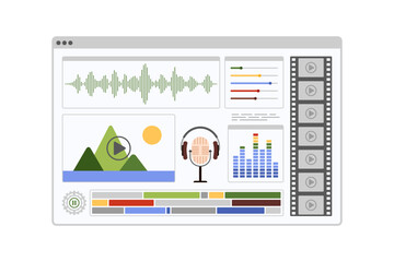 Film production and video montage software. Window interface of movie project editing with headphones and microphone, timeline animation and visual tools in program editor cartoon vector illustration