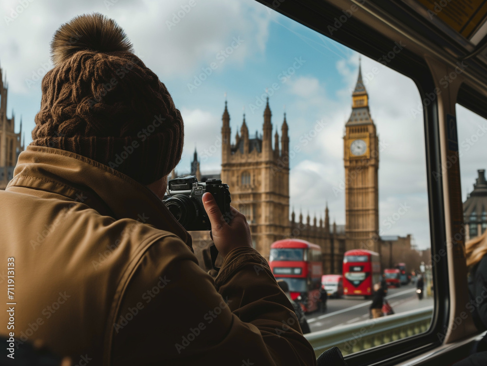 Wall mural a photo of a tourist photographing landmarks from an open-top tour bus