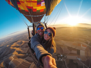 A Photo of a Couple Taking a Selfie in a Hot Air Balloon