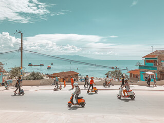 A Photo of People Riding Scooters in a Sunny Coastal Town