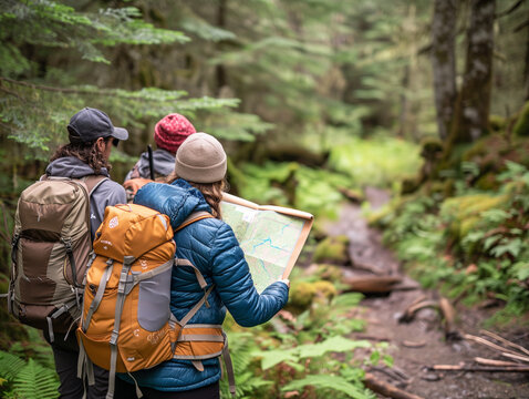 A Photo of a Group of Hikers Consulting a Trail Map in a Forest