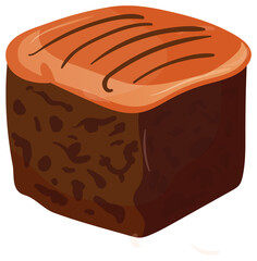 Detailed single piece of chocolate cake vector illustration. Delicious dessert with icing and realistic texture.