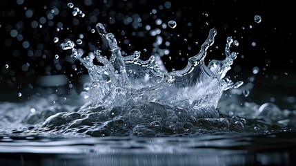 Ultra-realistic depiction of water colliding dynamically in mid-air, capturing the beauty of liquid motion, set against a striking black background. - obrazy, fototapety, plakaty