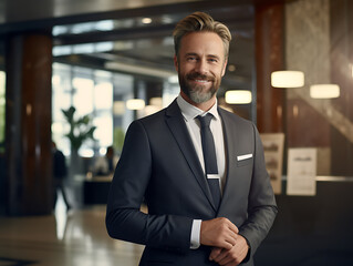 Fototapeta premium A handsome mature businessman is in an office with a beard and well-groomed hair. Illuminated by the light of the setting sun. Created with Generative AI.