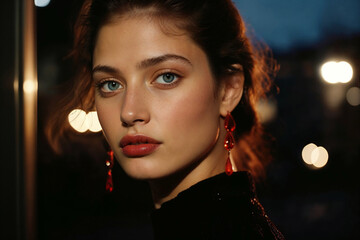 Generative AI illustration of intense gaze of a woman with blue eyes and red earrings set against a blurred background of evening lights