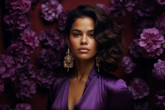 Generative AI illustration of elegant model in a purple gown with ornate earrings surrounded by deep purple flowers