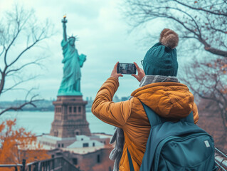 A Photo of a Tourist Capturing a Selfie With a Famous Landmark in the Background