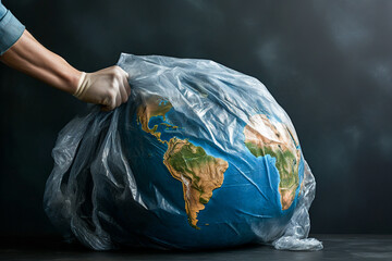Conceptual image of Earth in a plastic bag Generative AI image