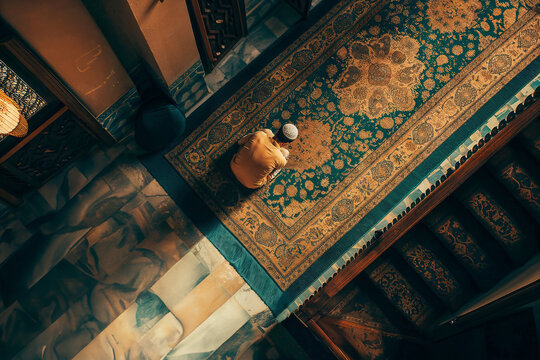 Devout Muslim man Engaged In Solemn Prayer Within the Serene Environs of a Beautifully Ornate Mosque Created With Generative AI Technology