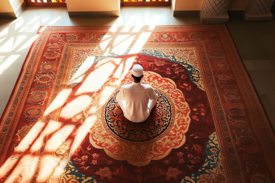 Devout Muslim man Engaged In Solemn Prayer Within the Serene Environs of a Beautifully Ornate Mosque Created With Generative AI Technology
