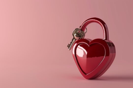 red heart shaped locked padlock with key inside, copy space, isolated on pastel pink background