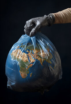 Planet Earth in a plastic bag - environmental concept Generative AI image