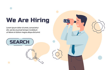 Search employees poster. Landing page design. We hiring, recruitment and headhunting. Businessman with binoculars. Company and organization look for workers. Cartoon flat vector illustration