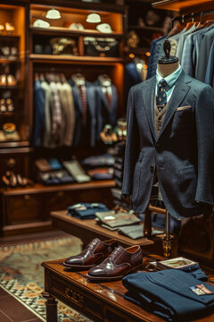 Generative AI illustration of vintage inspired men fashion display featuring a tailored suit leather shoes and accessories in classic boutique setting