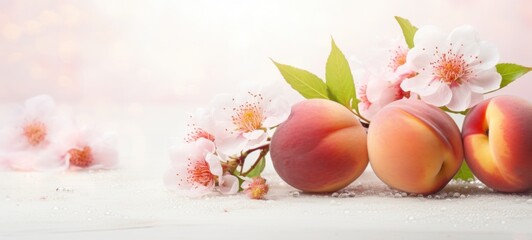 Close-up of ripe peaches and pink flowers against a white background. Banner with copy space. Ideal for poster, greeting card, promotion, advertising, print, elegant design