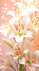 White lilies with a soft bokeh peach background. Perfect for poster, greeting card, event invitation, promotion, advertising, print, elegant design. Vertical format.