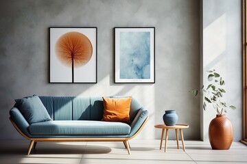 Blue sofa in a living room with two paintings on the wall