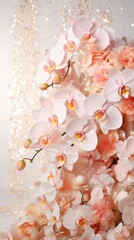 Peach white orchids bouquet on light background with glitter and bokeh. Banner with copy space. Perfect for poster, greeting card, event invitation, promotion, advertising, elegant design. Vertical.
