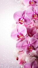 Fototapeta na wymiar Purple pink orchids bouquet on light background with glitter and bokeh. Banner with copy space. Perfect for poster, greeting card, event invitation, promotion, advertising, elegant design. Vertical.