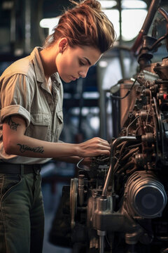 Focused female mechanic working on engine maintenance Generative AI image