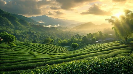 Terraced tea fields at dawn with soft light. Tea Plantation. Perfect for postcards, agricultural business presentations, or wellness and tranquility themes. Can be featured in tea product packaging - obrazy, fototapety, plakaty