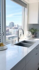Modern kitchen with city view through large windows, white countertops, and touch of greenery. Ideal for real estate marketing, interior design showcases, and lifestyle publications. Vertical format