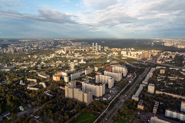 Fototapeta na wymiar Moscow aerial panorama with city district view. Panorama of the Russian city during sunset. Russian architecture