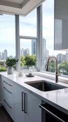 Chic kitchen interior featuring a cityscape through big windows, accented with modern fixtures. Perfect for architectural content, luxury apartment promotions, and urban lifestyle articles.