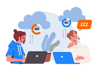 Fototapeta na wymiar Slow loading concept. Man and woman with laptops downloading and uploading files. Young guy and girl wait for cloud service. Server and electronic storage. Cartoon flat vector illustration
