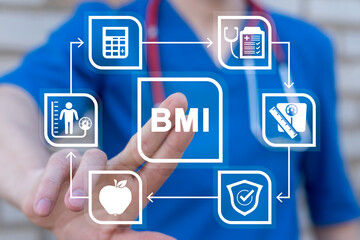 Doctor using virtual innovative touchscreen presses text: BMI. BMI Body Mass Index Medical...