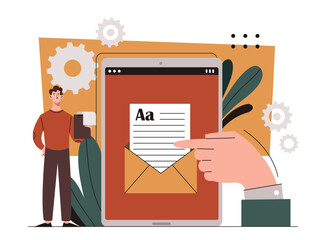 Social media promotion concept. Advertising and marketing on internet. Man near hand with digital tablet. SEO and SMM specialist, marketer. Online copywriter. Cartoon flat vector illustration