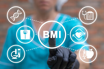 Nurse using virtual medical touchscreen presses abbreviation: BMI. BMI Body Mass Index Health Care Awareness Concept. - obrazy, fototapety, plakaty