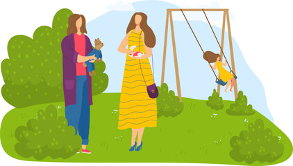 Two mothers watching children at the playground. Woman holds a toy, another child swings. Family, parenting, and outdoor activities vector illustration.