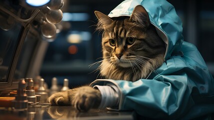 Cat wearing a raincoat in a laboratory
