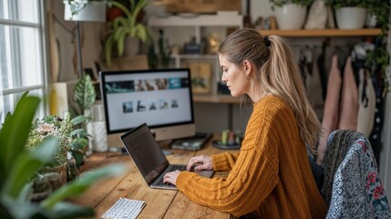 Young woman working on a laptop at a wooden desk in a home office environment with indoor plants and natural light side hustle work from home - obrazy, fototapety, plakaty