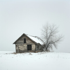 Solitude in White: Ruined Cabin Amidst Snow and Gray Sky