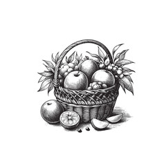 Hand Drawn Black & White Fruit Basket Illustration