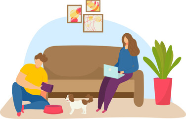 Two women in a living room, one with a laptop sitting on the couch, another petting a dog. Casual home relaxation with a pet and technology vector illustration.