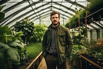 Man in a jacket standing in a greenhouse