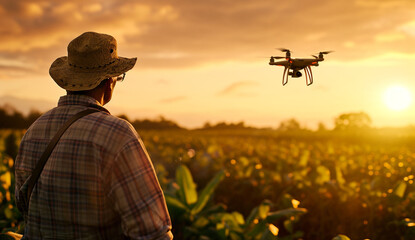 Farmer navigating drone above farmland in sunset. High technology innovations for increasing productivity in agriculture. - obrazy, fototapety, plakaty